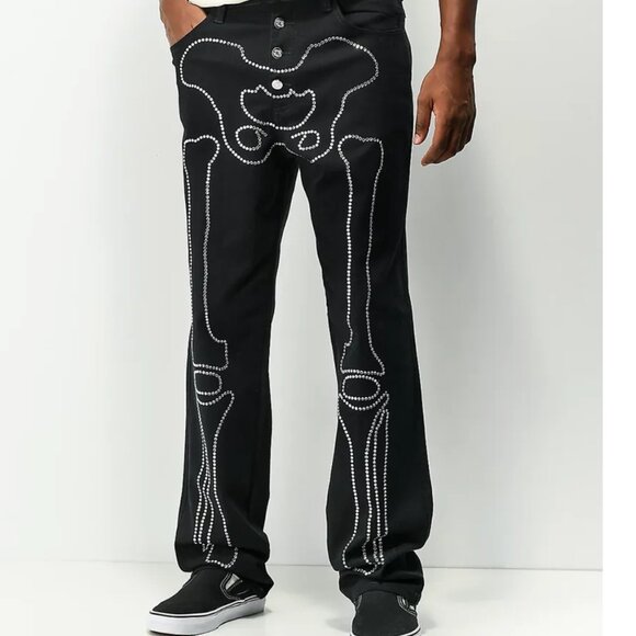 ❣️ Salem7 Straight Leg Rhinestone Skeleton Black Jeans, EUC - Picture 1 of 9